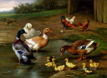エドガー・ハント Painting - 鶏 アヒルとアヒルの子 家禽の家畜小屋を漕いでいる エドガー・ハント